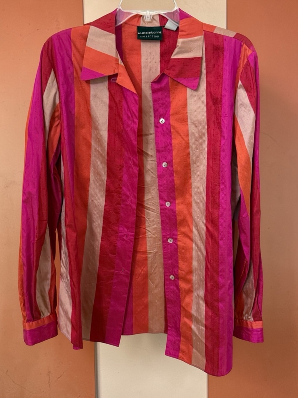 Liz Claiborne Silk Stripe Button-Up Blouse in Pink, Orange & Cream